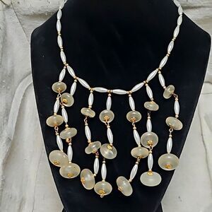 Vintage Hobe Signed Lucite Faux Pearl Waterfall MCM Bib Necklace